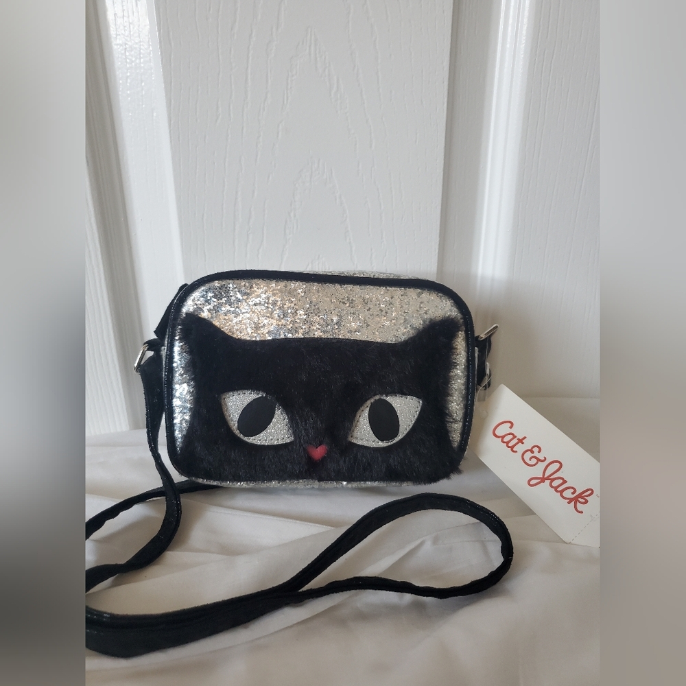 Black Fuzzy Cat Silver Mini Camera Bag
